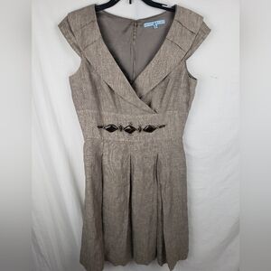 Antonio Melani Brown 100% Linen Dress with Beaded Accent and Cap Sleeves Sz 6